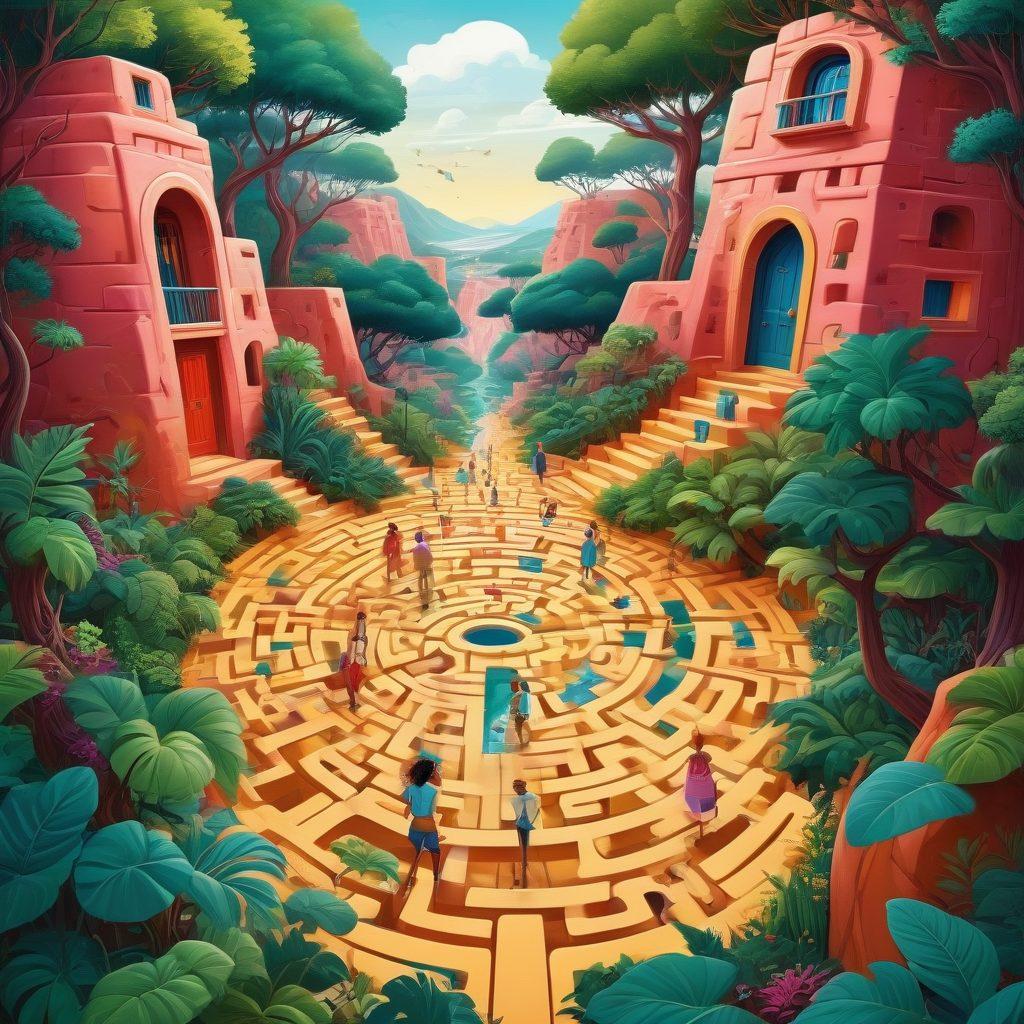 A whimsical illustration depicting a vibrant, surreal landscape where cartoon characters navigate a maze of adult-themed imagery, blending humor and sensuality. Include playful visuals that hint at adult animation, with thought bubbles expressing creative ideas about erotic expression. Use bold, contrasting colors to evoke a sense of fun and intrigue. The scene should be dynamic and captivating, appealing to both artistic and adult audiences. vector art. vibrant colors.