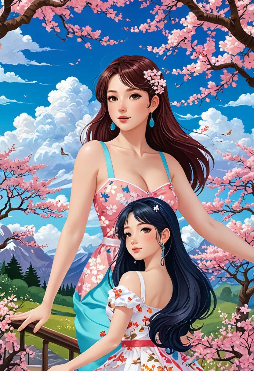 A captivating collage of curvy cartoon characters in a vibrant, whimsical setting, blending elements of hentai and sensual art. Add colorful background details like soft clouds and cherry blossoms, emphasizing a playful yet artistic atmosphere. Include elements of fantasy like swirling patterns and sparkles to elevate the mood. Focus on exaggerated features and expressions that convey emotion and allure. vector art. vibrant colors.