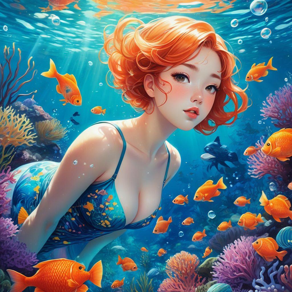 A captivating scene featuring curvy manga characters in a vibrant underwater setting, surrounded by whimsical marine life. The characters, with expressive features and alluring poses, showcase a celebration of body diversity and sensuality. Incorporate flowing, colorful sea plants and bubbles to create an enchanting atmosphere. The overall style should be a blend of playful and artistic, emphasizing bold lines and rich colors. digital art. vibrant colors. soft lighting.